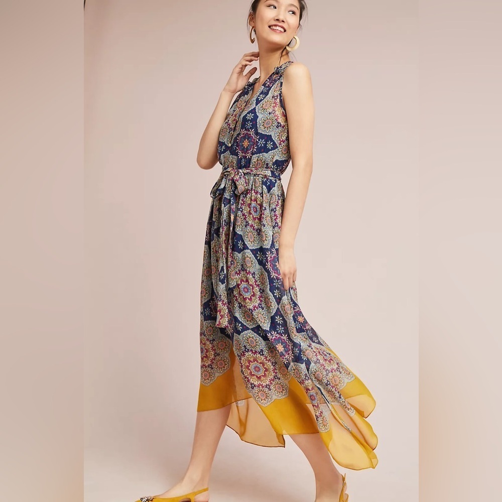 Shoshanna Silk Blue & Yellow Paisley Mandala Boho Belted Waist Dress